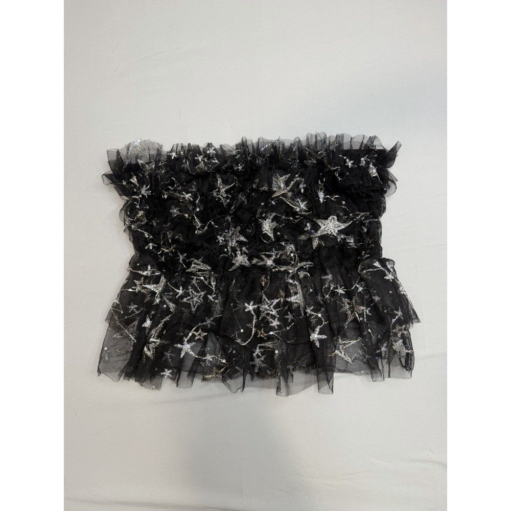 Le Lis Stardust  M Black‎ Tube top Smocked Celestial Rave Emo Silver Star Strech